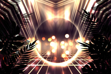 Background of empty dark scenes with neon lights and shapes, smoke. Silhouettes of tropical palm...