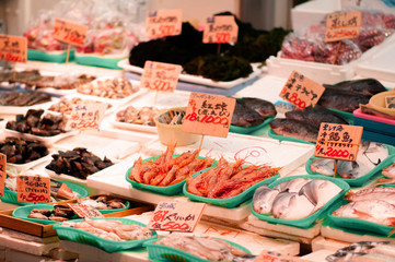 Fresh seafood shrimps and fish at Ameyoko market in Ueno, Tokyo - Japan
