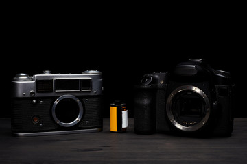 Digital vs. Analog SLR Camera with Slides, Memory Cards, 35 mm Film