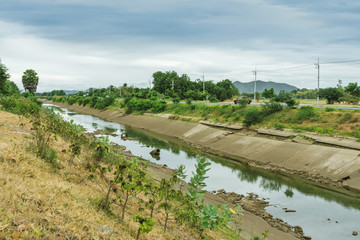 Fototapeta premium Irrigation canal in concrete wall Send water from the reservoir to the agricultural area of ​​the farmer that is dry in the rainy season of Thailand. Environmental disaster in agriculture