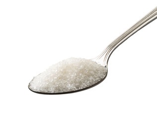 Sugar in metal spoon closeup on a white. Isolated.