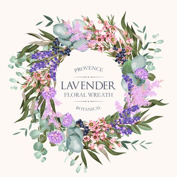 Vector card with high detailed lavender wreath
