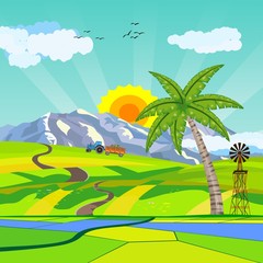 Countryside vector illustration, house on the green hills, palms in hills,  outdoor vector