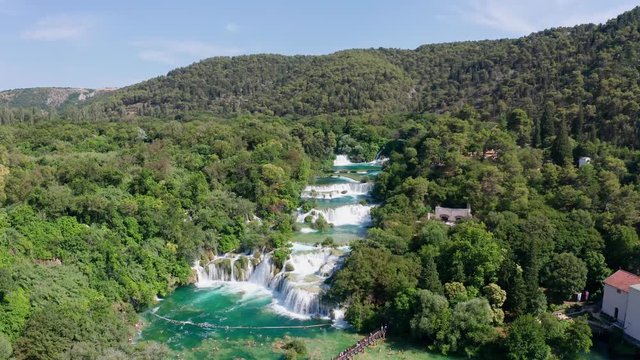 Drone aerial video footage flying over Krka National Park waterfalls, Croatia