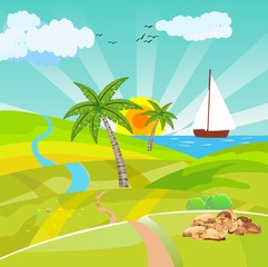 Fototapeta na wymiar Countryside vector illustration, ship in the ses, the green hills, outdoor vector