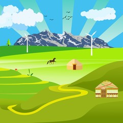 Kazakhstan rural landscape  countryside scene, vector