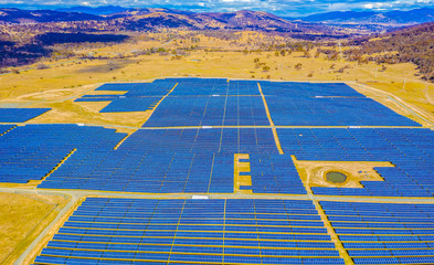 Aerial view of a large solar farm for renewable energy supply in Canberra, Australia