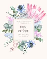 Vintage wedding card with flowers and greenery