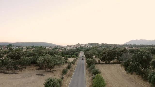 Aerial video of the road to little town in Castilla Leon. 