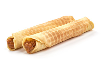 Homemade Waffle cones with condensed milk, isolated on white background