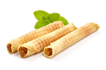 Homemade Waffle cones with condensed milk, isolated on white background