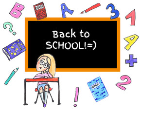 Back to school background. Hand-drawn, watercolor funny school girl sitting at her desk, school office, blackboard. School concept