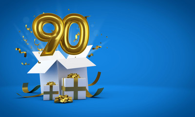 Number 90 exploding from a birthday present gift box. 3D Render