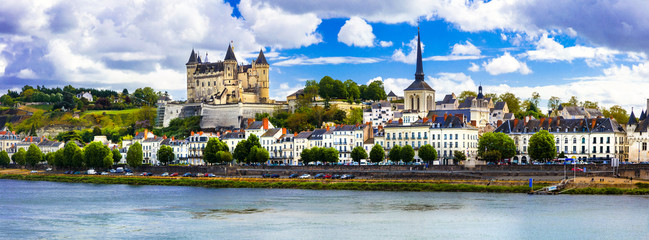 Great medieval castles of Loire valley - beautiful Saumur. Travel in France