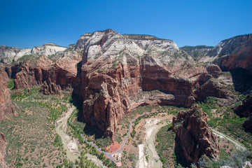 The Organ and Zion Canyon from Angels Landing in Zion National Park, Utah on a clear and cloudless summer morning.