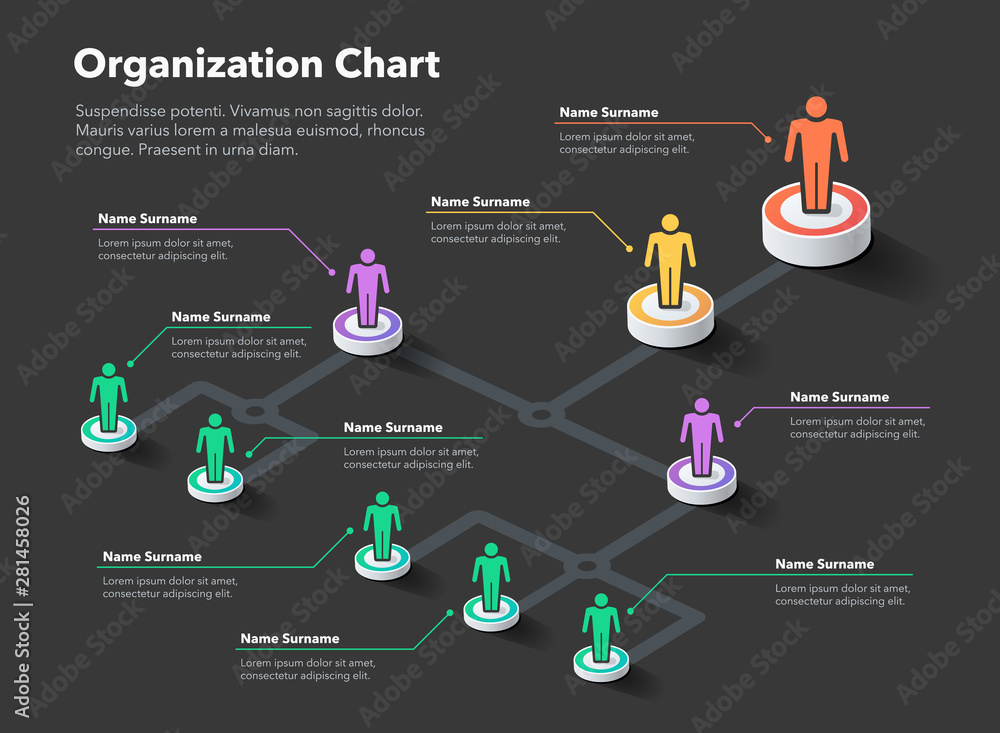 Poster Modern simple company organization hierarchy chart template with place for your content - dark version. Easy to use for your website or presentation.