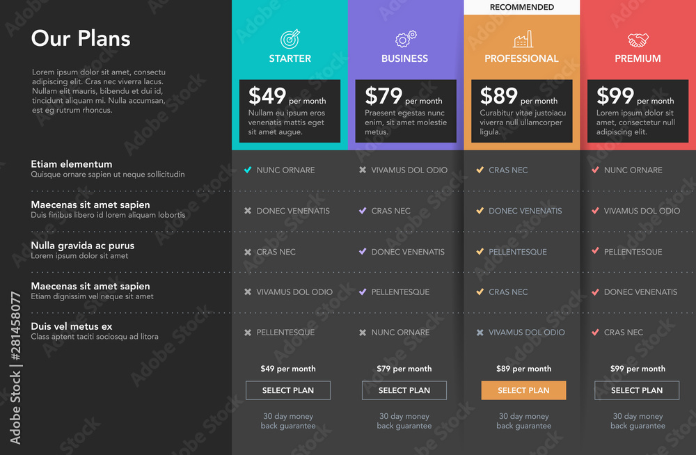 Leinwandbilder price comparison table with description of features for commercial business web services and applica