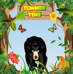 Black bear walks in the jungle, jungle  landscape in background, floral frame,  vector.