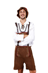 A bavarian man in a bavarian costume on white background.