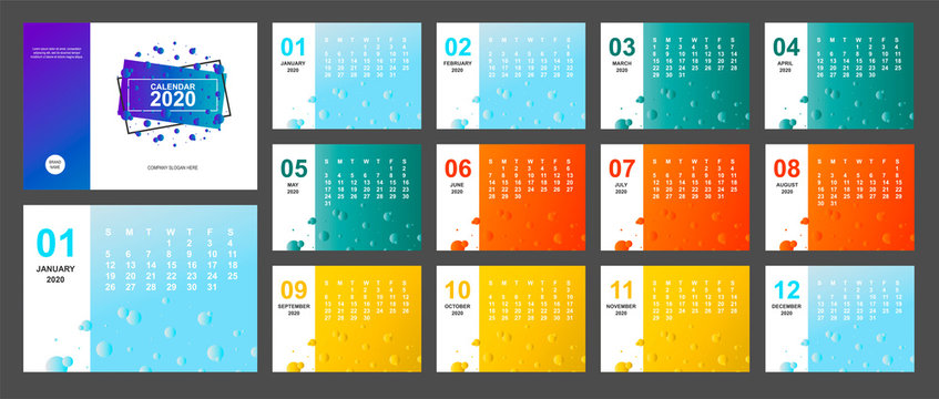 2020 New Year Calendar Page Color Blue, Green, Orange, Yellow Gradient Colorful And A5 Size Diary Desktop. Week Start Sunday. Business Day And Month Planner Template. Vector Mock Up Illustration