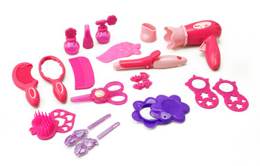 Set of children's toy for girls game hairdressing kit for girls isolated on white background.