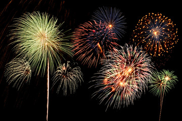 Fireworks of various colors and shapes