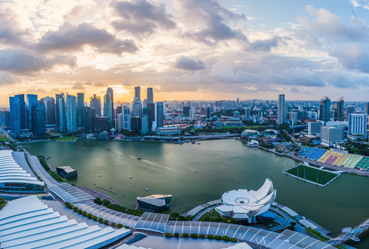 Modern Buildings Of Singapore Skyline Landscape In Business District  Area.