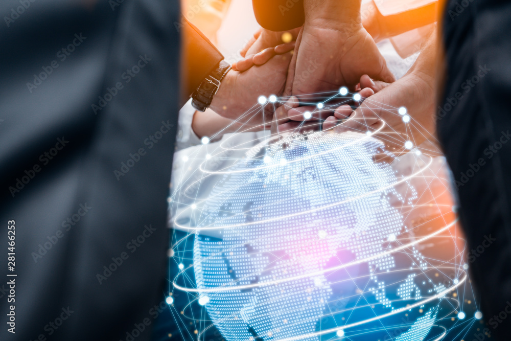 Poster close up of businessmen shaking hands. global network and a world map in the foreground. block chain