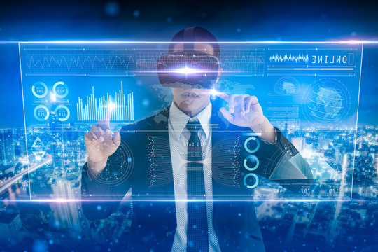 Businessman analysis on digital screen,technological digital futuristic virtual interface,business strategy and Big data concept.Business intelligence,technology on virtual screen digital holographic.