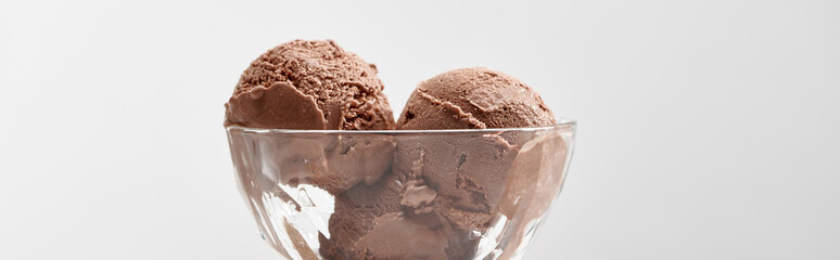 delicious chocolate ice cream in glass bowl isolated on grey, panoramic shot