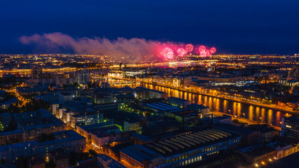Aerial Panorama of Saint Petersburg. View of St. Petersburg from the heights-Salute above the Peter and Paul Fortress. Scarlet Sails. Holiday in Russia. Fireworks in St. Petersburg. Neva River.