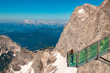 Beautiful alpine view with the stairs into nothing at the famous Dachstein summit, Schladming, Steiermark, Austria