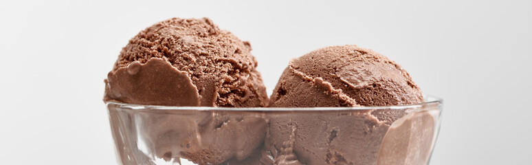 close up view of delicious chocolate ice cream in glass bowl isolated on grey, panoramic shot