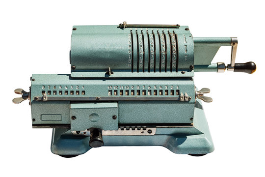 Old adding machine. Mechanical calculating machine isolated on white background