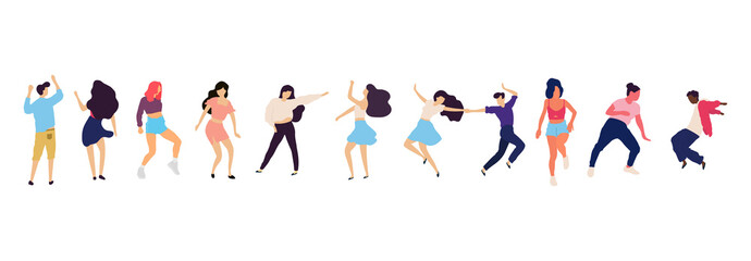 Crowd of young people dancing at club. Big set of characters having fun at party. Flat colorful vector illustration.