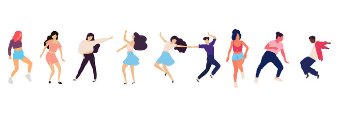 Crowd of young people dancing at club. Big set of characters having fun at party. Flat colorful vector illustration.