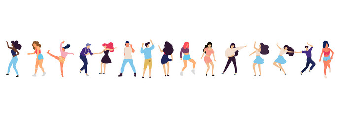 Crowd of young people dancing at club. Big set of characters having fun at party. Flat colorful vector illustration.
