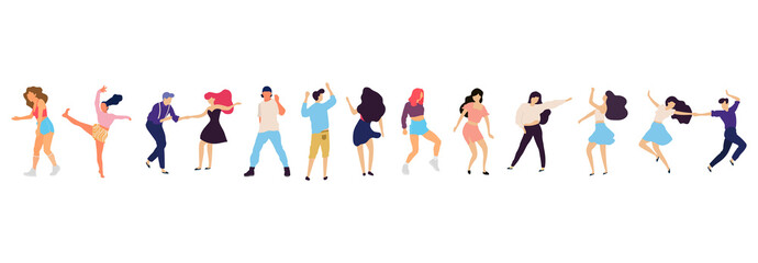 Crowd of young people dancing at club. Big set of characters having fun at party. Flat colorful vector illustration.