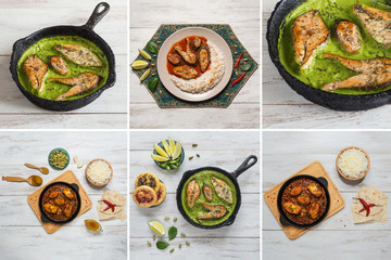 Collage with spicy and hot Bengali fish curry.