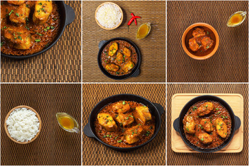 Collage with spicy and hot Bengali fish curry.