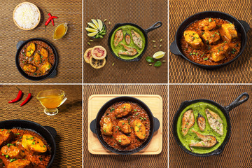 Collage with spicy and hot Bengali fish curry.
