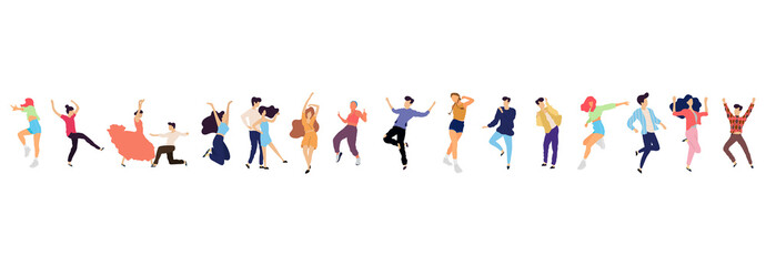Crowd of young people dancing at club. Big set of characters having fun at party. Flat colorful vector illustration.