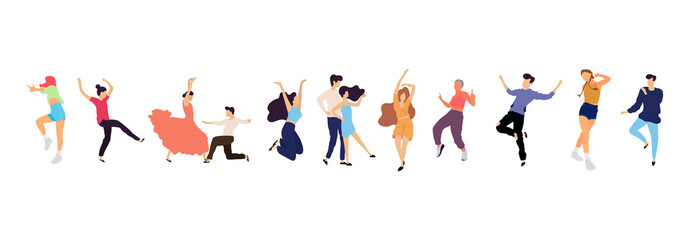 Crowd of young people dancing at club. Big set of characters having fun at party. Flat colorful vector illustration.