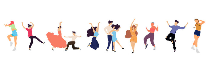 Crowd of young people dancing at club. Big set of characters having fun at party. Flat colorful vector illustration.