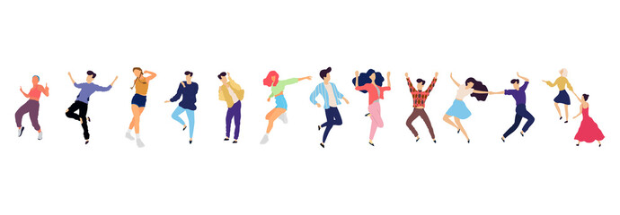 Crowd of young people dancing at club. Big set of characters having fun at party. Flat colorful vector illustration.