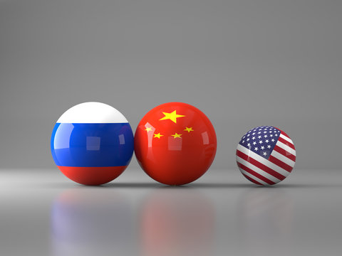 Superpower Country Flag America, China, Russia.business War Concept.3D Rendering