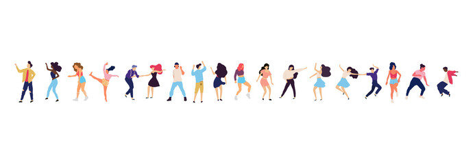 Crowd of young people dancing at club. Big set of characters having fun at party. Flat colorful vector illustration.