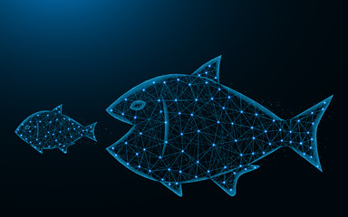 Big fish eat small low poly design, predator and prey abstract geometric image, underwater world wireframe mesh polygonal vector illustration made from points and lines on dark blue background