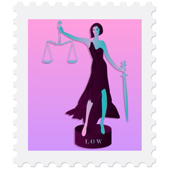 Postage stamp - Themis modern on a pedestal with a sword and scales of justice - isolated on white background - vector.