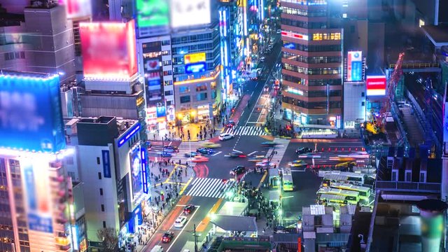 4K. Time lapse pedestrians and traffic across near Shibuya Crossing Tokyo, Japan